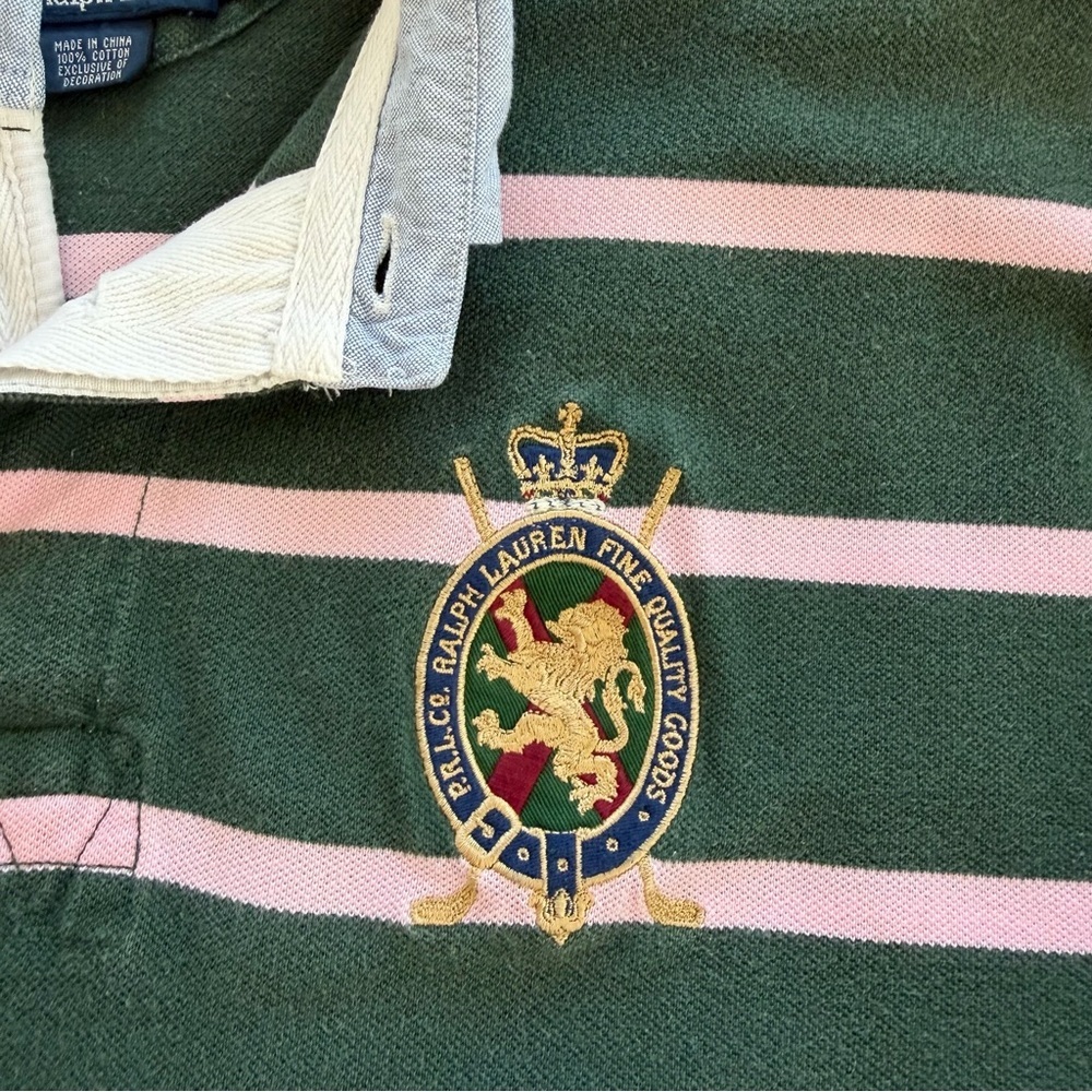Polo Ralph Lauren Crest Striped Rugby Polo Green Pink Embroidered Logo Shirt - Picture 6 of 9